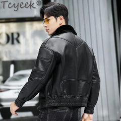 Tcyeek Genuine Leather Jacket Men 2024 Natural Sheepskin Fur Coat Winter Clothes Real Fur Mens Motocycle Jackets Jaqueta Couro