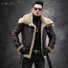 Natural Fur Coat Real Sheep Fur Coats Men Genuine Leather Motocycle Jacket Short B3 Air Force Flight Suit Winter Jackets Men FCY