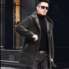 Men Winter Long Casual Thick Fleece Hooded Waterproof Jacket Male Real Fur Wool Coat  Outwear Vintage Clothing   G436