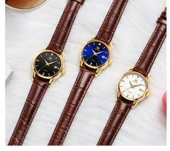 Womens Wrist Watch OLVES 6629 Automatic Mechanical Fashion Blue Dial Watches For women Leather Strap Waterproof Date