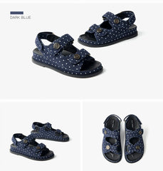 BEAUTODAY Leisure Sandals Women Denim Blue Polka Dot Hook And Loop Button Decoration Summer 2023 Ladies Shoes Handmade 34580