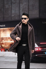 Men Winter Long Casual Thick Fleece Hooded Waterproof Jacket Male Real Fur Wool Coat  Outwear Vintage Clothing   G436