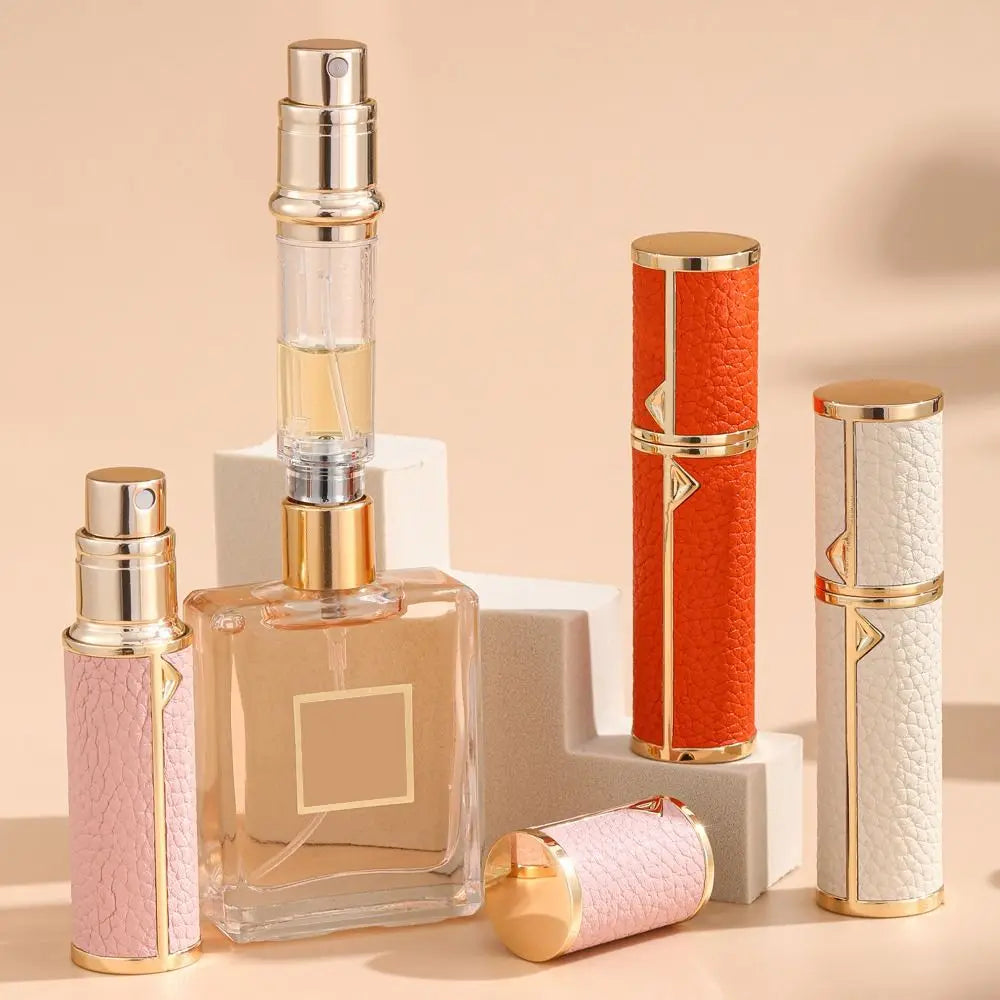 PU Leather Perfume Bottle Lychee Pattern Empty Cosmetic Container Bottom Filling Refillable Parfume Atomizer Bottle Woman