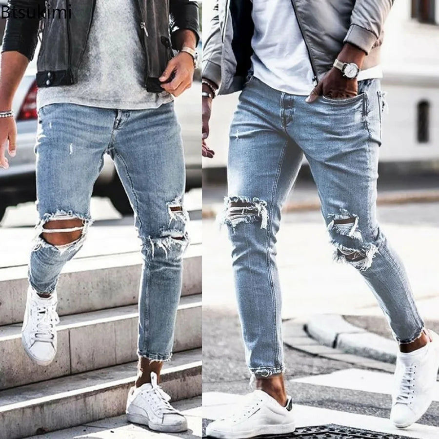 Hot Sale Fashion Street Style Vintage Hole Jeans for Men Trend Versatile Elastic Denim Trousers Men's Casual Slim Pencil Pants