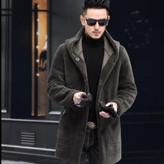 Men Winter Long Casual Thick Fleece Hooded Waterproof Jacket Male Real Fur Wool Coat  Outwear Vintage Clothing   G436