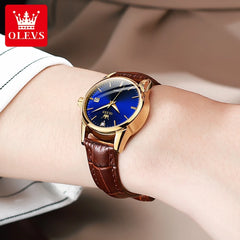 Womens Wrist Watch OLVES 6629 Automatic Mechanical Fashion Blue Dial Watches For women Leather Strap Waterproof Date