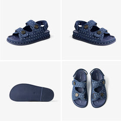 BEAUTODAY Leisure Sandals Women Denim Blue Polka Dot Hook And Loop Button Decoration Summer 2023 Ladies Shoes Handmade 34580