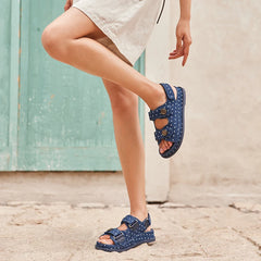 BEAUTODAY Leisure Sandals Women Denim Blue Polka Dot Hook And Loop Button Decoration Summer 2023 Ladies Shoes Handmade 34580