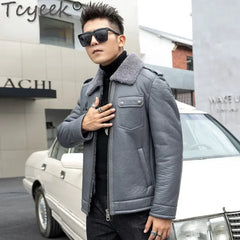 Tcyeek Natural Sheepskin Fur Coats Genuine Leather Jacket Men Winter Clothes Warm Real Fur Motocycle Jackets Casaco Masculino