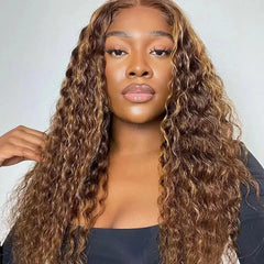 4/27 Colored Highlight Ombre Brown 180% 13x4 HD Lace Front Human Hair Wig 30 Inch Curly Deep Wave Lace Frontal Wigs For Women