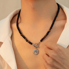 Tiger Eye Stone Beads with Sun Pendant Necklace for Men Trendy Accessories on the Neck Collar Fashion Jewelry Male Gift