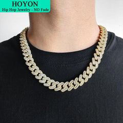 HOYON 15mm Zircon Stone Cuban Chain For Men Silver Plated Chain Neck Collares Fashion Hip Hop Jewelry