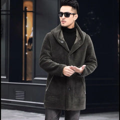 Men Winter Long Casual Thick Fleece Hooded Waterproof Jacket Male Real Fur Wool Coat  Outwear Vintage Clothing   G436