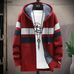 2024 Men's Winter Thick Warm Striped Cardigan Sweater Hooded Faux Fur Wool Jacket Windbreaker Fleece Jumper Knitted Jacket Male