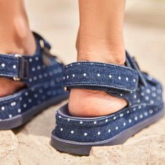 BEAUTODAY Leisure Sandals Women Denim Blue Polka Dot Hook And Loop Button Decoration Summer 2023 Ladies Shoes Handmade 34580