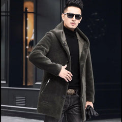 Men Winter Long Casual Thick Fleece Hooded Waterproof Jacket Male Real Fur Wool Coat  Outwear Vintage Clothing   G436