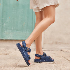 BEAUTODAY Leisure Sandals Women Denim Blue Polka Dot Hook And Loop Button Decoration Summer 2023 Ladies Shoes Handmade 34580