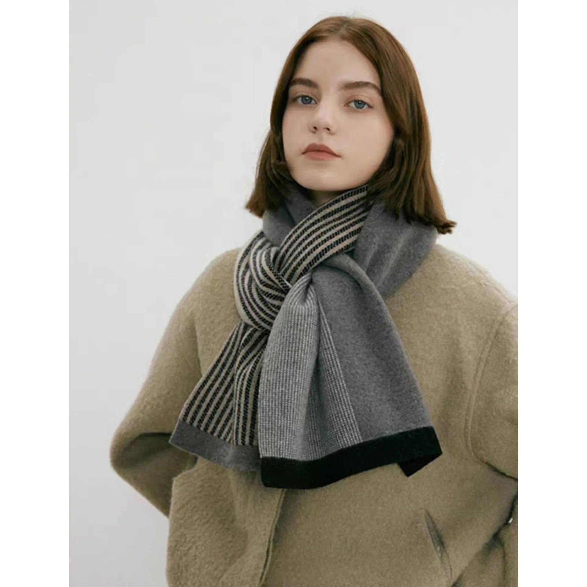 Knitted Gray Striped Scarf Warm Winter Male Female Couples 165*29cm