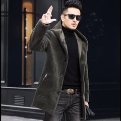 Men Winter Long Casual Thick Fleece Hooded Waterproof Jacket Male Real Fur Wool Coat  Outwear Vintage Clothing   G436