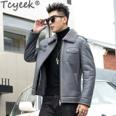 Tcyeek Natural Sheepskin Fur Coats Genuine Leather Jacket Men Winter Clothes Warm Real Fur Motocycle Jackets Casaco Masculino