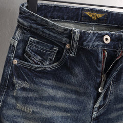 Italian Style Fashion Men Jeans High Quality Retro Washed Blue Stretch Slim Fit Vintage Ripped Jeans Men Designer Denim Pants