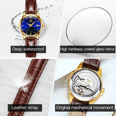 Womens Wrist Watch OLVES 6629 Automatic Mechanical Fashion Blue Dial Watches For women Leather Strap Waterproof Date