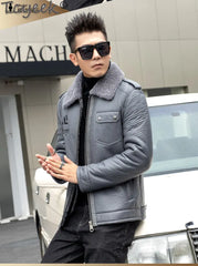 Tcyeek Natural Sheepskin Fur Coats Genuine Leather Jacket Men Winter Clothes Warm Real Fur Motocycle Jackets Casaco Masculino