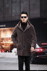 Men Winter Long Casual Thick Fleece Hooded Waterproof Jacket Male Real Fur Wool Coat  Outwear Vintage Clothing   G436