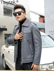 Tcyeek Natural Sheepskin Fur Coats Genuine Leather Jacket Men Winter Clothes Warm Real Fur Motocycle Jackets Casaco Masculino