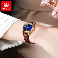 Womens Wrist Watch OLVES 6629 Automatic Mechanical Fashion Blue Dial Watches For women Leather Strap Waterproof Date