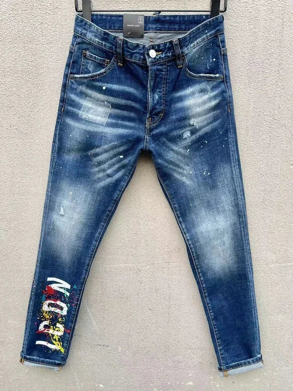 Dsq2 Jeans Skinny Style Men's Slim Denim Patchwork Straight Zipper Pants Blue Hole Brand ICON Jeans for Men