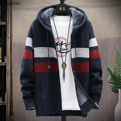 2024 Men's Winter Thick Warm Striped Cardigan Sweater Hooded Faux Fur Wool Jacket Windbreaker Fleece Jumper Knitted Jacket Male
