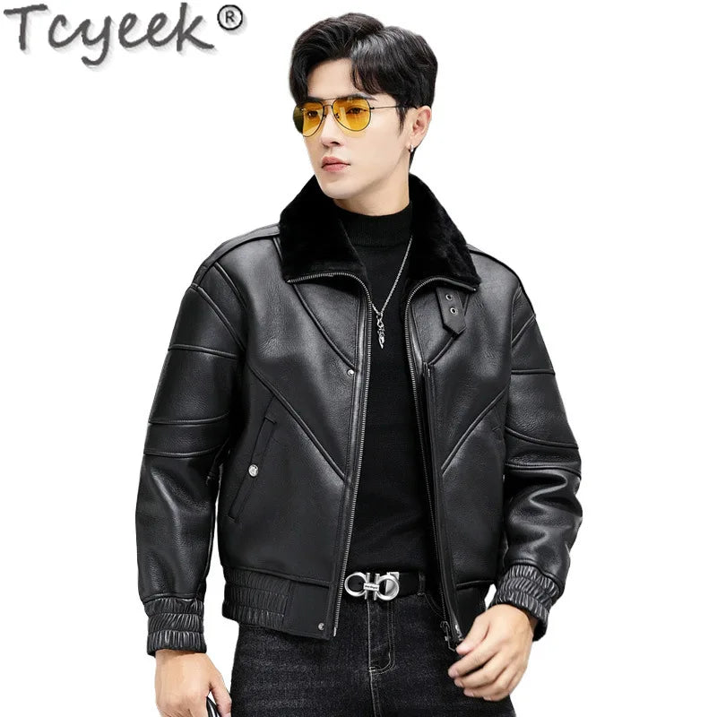 Tcyeek Genuine Leather Jacket Men 2024 Natural Sheepskin Fur Coat Winter Clothes Real Fur Mens Motocycle Jackets Jaqueta Couro