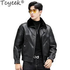 Tcyeek Genuine Leather Jacket Men 2024 Natural Sheepskin Fur Coat Winter Clothes Real Fur Mens Motocycle Jackets Jaqueta Couro
