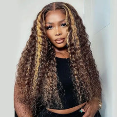 4/27 Colored Highlight Ombre Brown 180% 13x4 HD Lace Front Human Hair Wig 30 Inch Curly Deep Wave Lace Frontal Wigs For Women