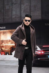 Men Winter Long Casual Thick Fleece Hooded Waterproof Jacket Male Real Fur Wool Coat  Outwear Vintage Clothing   G436