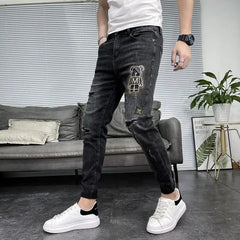 Spring and Autumn Luxury Rhinestone Korean Style Men's Classic Black Jeans with Distressed Holes Elastic Skinny Fit Pants Male