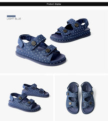 BEAUTODAY Leisure Sandals Women Denim Blue Polka Dot Hook And Loop Button Decoration Summer 2023 Ladies Shoes Handmade 34580