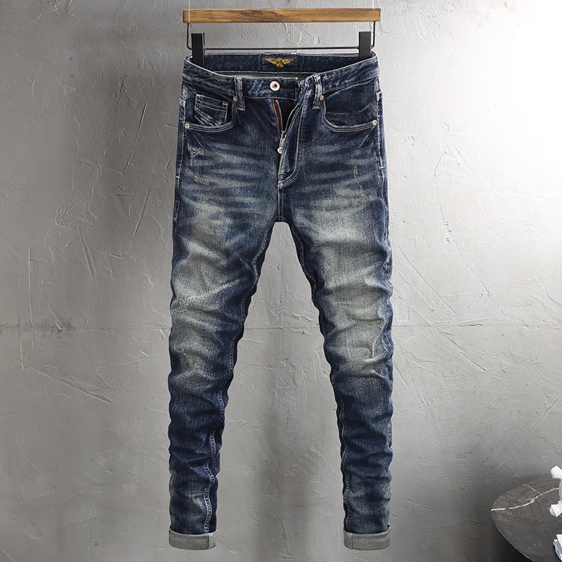 Italian Style Fashion Men Jeans High Quality Retro Washed Blue Stretch Slim Fit Vintage Ripped Jeans Men Designer Denim Pants