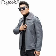 Tcyeek Natural Sheepskin Fur Coats Genuine Leather Jacket Men Winter Clothes Warm Real Fur Motocycle Jackets Casaco Masculino