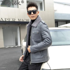 Tcyeek Natural Sheepskin Fur Coats Genuine Leather Jacket Men Winter Clothes Warm Real Fur Motocycle Jackets Casaco Masculino
