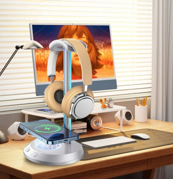 RGB Lights Headset Hanger Headphones Stand for Gaming PC Accessories with 15W Wireless Charge Type C USB Ports Earphone Holder