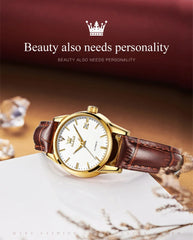 Womens Wrist Watch OLVES 6629 Automatic Mechanical Fashion Blue Dial Watches For women Leather Strap Waterproof Date