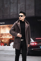 Men Winter Long Casual Thick Fleece Hooded Waterproof Jacket Male Real Fur Wool Coat  Outwear Vintage Clothing   G436