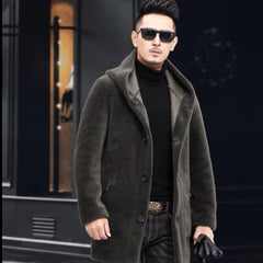 Men Winter Long Casual Thick Fleece Hooded Waterproof Jacket Male Real Fur Wool Coat  Outwear Vintage Clothing   G436