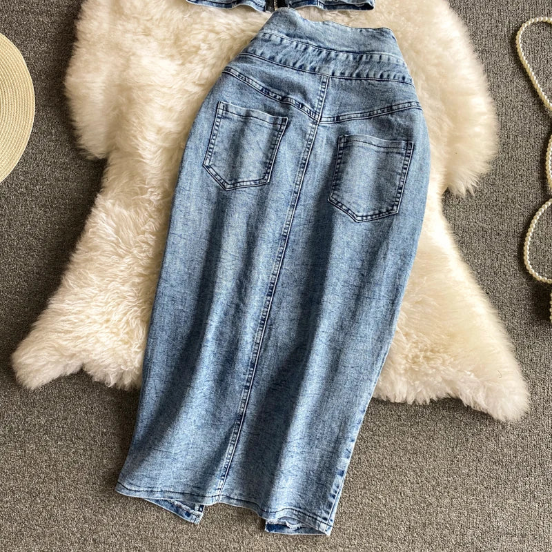 Summer Vintage Women Denim Sets Suspender Short Vest Top +High Waist Denim Skirts 2Pcs Suits Ladies Slim Jeans Skirt Sets
