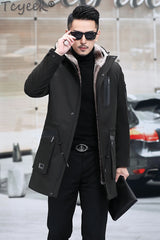 Tcyeek Mens Real Fur Parka Mid-length Winter Jackets for Men Clothing Warm Wool Liner Hooded Coat Male Fashion Fur Jacket Slim