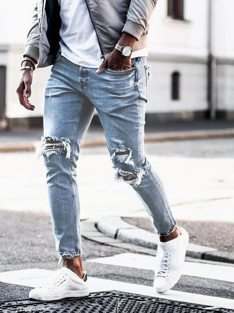 Hot Sale Fashion Street Style Vintage Hole Jeans for Men Trend Versatile Elastic Denim Trousers Men's Casual Slim Pencil Pants