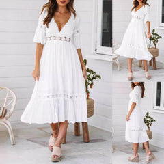 White Long Dress Women Summer Boho Lace Dresses Female Beach Holiday Hollow Out Dress Ladies Elegant Vintage Loose Vestidos