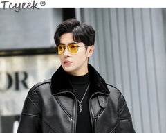 Tcyeek Genuine Leather Jacket Men 2024 Natural Sheepskin Fur Coat Winter Clothes Real Fur Mens Motocycle Jackets Jaqueta Couro